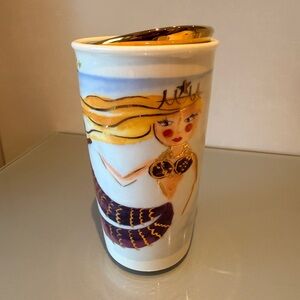EUC Starbucks 2015 Siren Mermaid Art Ceramic Tumbler Travel Cup Gold Lid 12 Oz